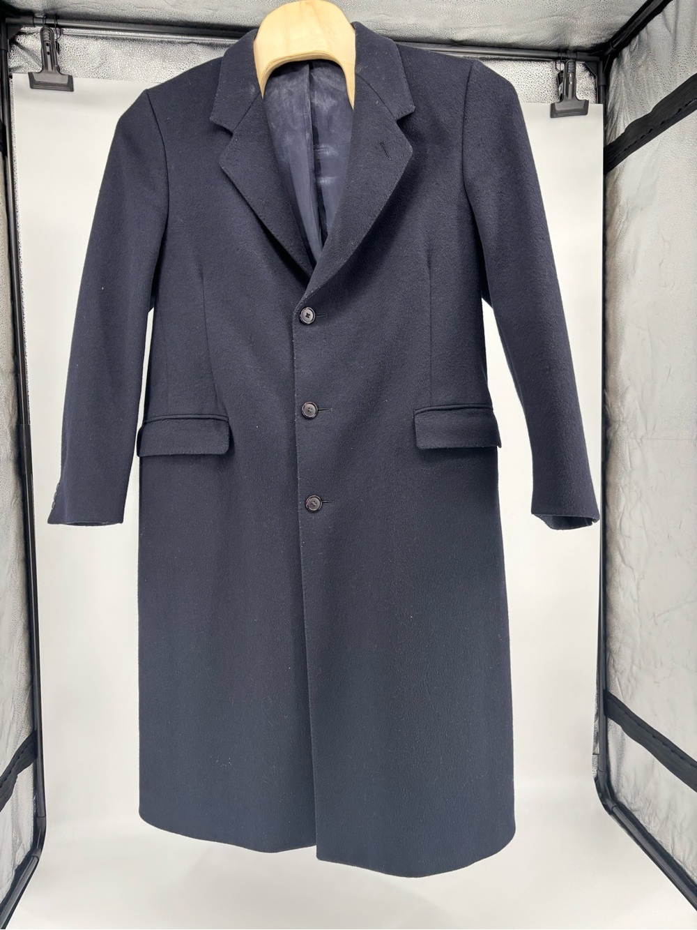 Vintage Made in England Wool Cashmere Overcoat Jacket Mens 42R Navy Blue Topcoat